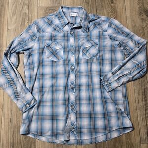 Wrangler WrancherMen's Western‎ Pearl Snap 2XT Shirt Aqua Blue Black White VTG